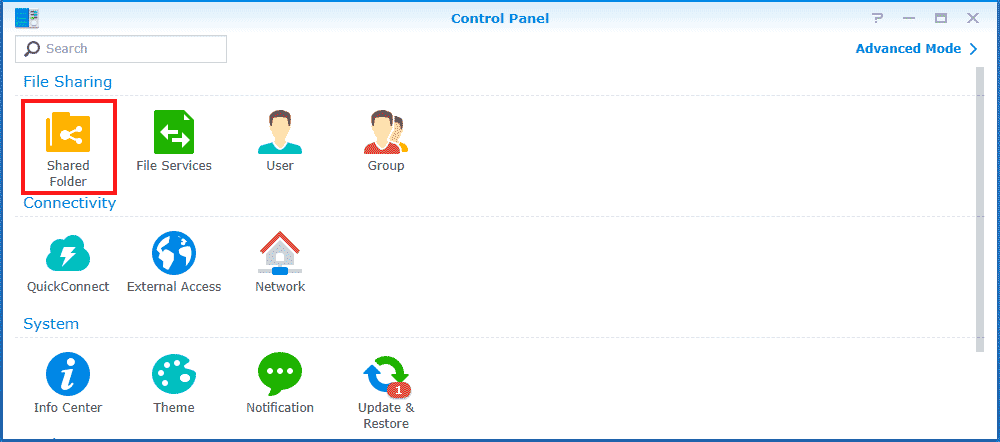 Shared Folders icon in Control Panel