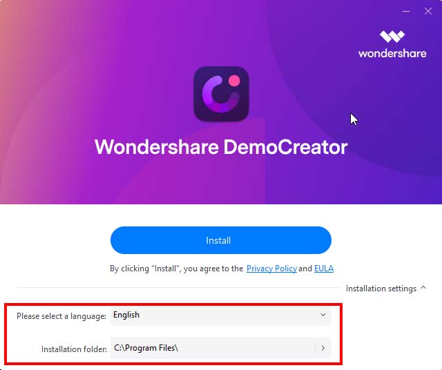 Installation settings for Wondershare DemoCreator 6