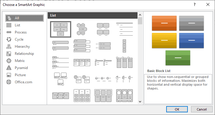 Choose a SmartArt Graphic dialog box