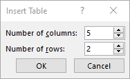 Insert table dialog box