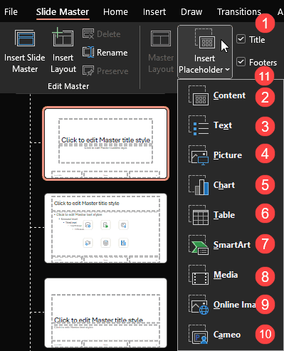 Placeholder types in Slide Master view